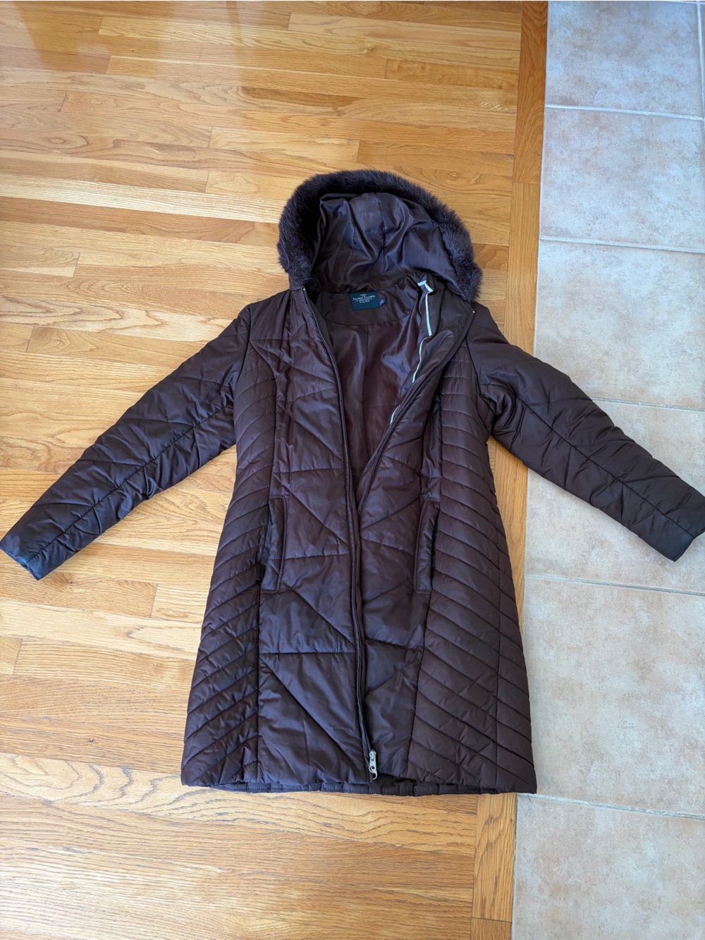 Faded Glory Quilted Long Puffer Coat with Faux Fur Hood - Dark Brown